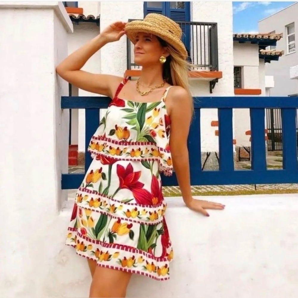 Farm Rio Floral Tiered Dress Mini Fall Pumpkin Boho Layered Rare One of a Kind - Picture 2 of 16